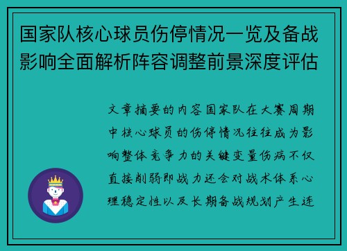 国家队核心球员伤停情况一览及备战影响全面解析阵容调整前景深度评估 国家队核心球员伤停情况一览及备战影响全面解析阵容调整前景深度评估